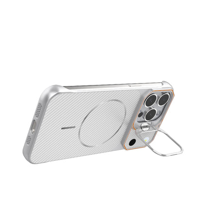 For iPhone 15 Pro Max Frameless Half-Wrapped Carbon Fiber Texture PC Magnetic Phone Case(Silver)