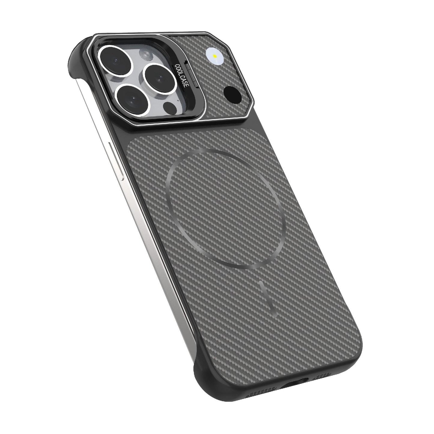 For iPhone 15 Pro Max Frameless Half-Wrapped Carbon Fiber Texture PC Magnetic Phone Case(Silver)