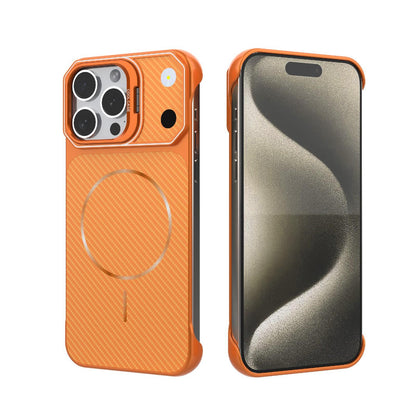 For iPhone 15 Pro Max Frameless Half-Wrapped Carbon Fiber Texture PC Magnetic Phone Case(Orange)
