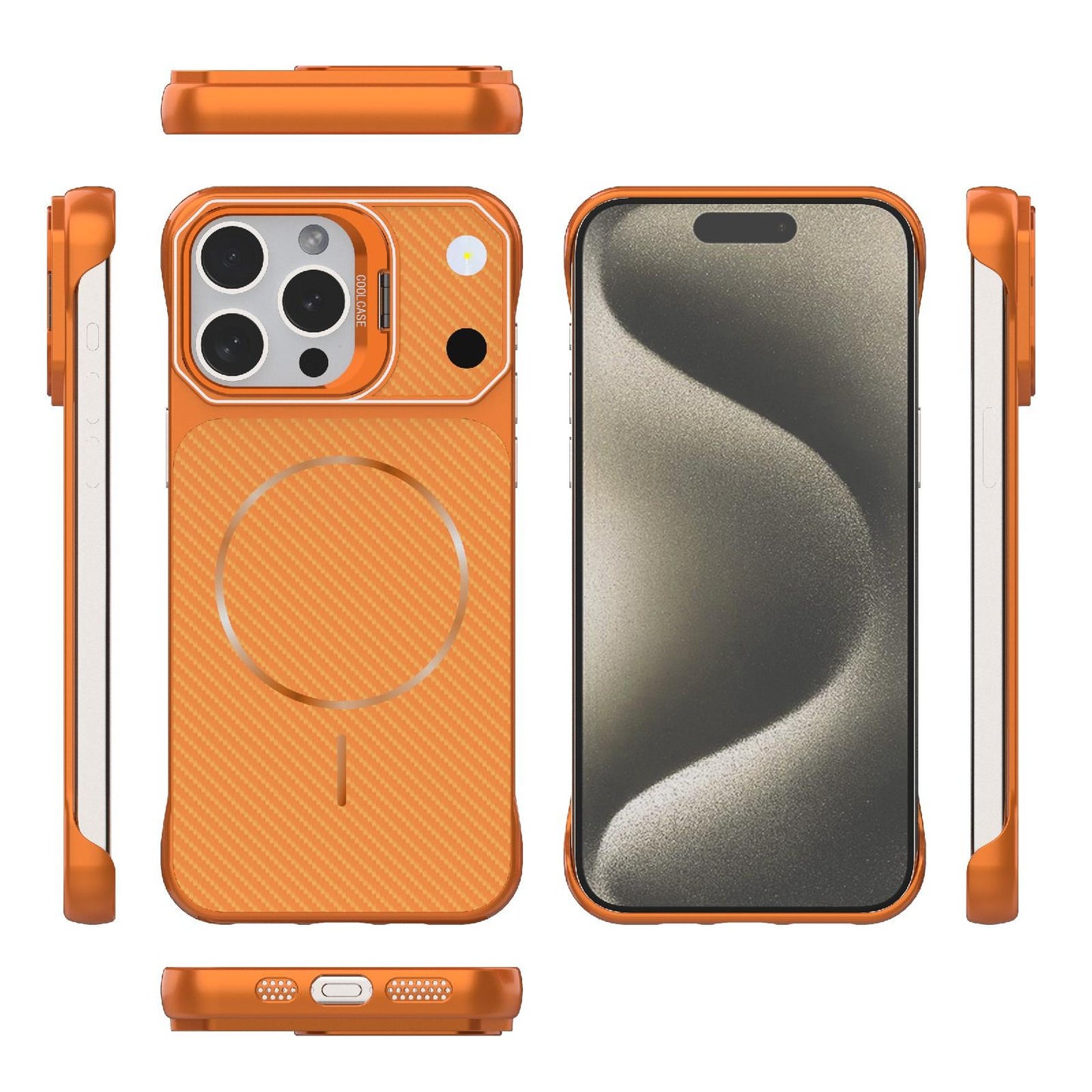 For iPhone 15 Pro Max Frameless Half-Wrapped Carbon Fiber Texture PC Magnetic Phone Case(Orange)