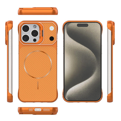 For iPhone 15 Pro Max Frameless Half-Wrapped Carbon Fiber Texture PC Magnetic Phone Case(Orange)