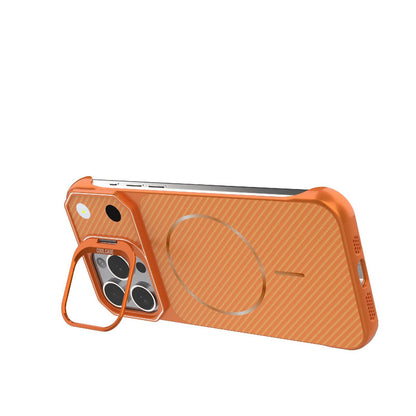For iPhone 15 Pro Max Frameless Half-Wrapped Carbon Fiber Texture PC Magnetic Phone Case(Orange)