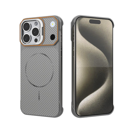 For iPhone 15 Pro Max Frameless Half-Wrapped Carbon Fiber Texture PC Magnetic Phone Case(Gray)