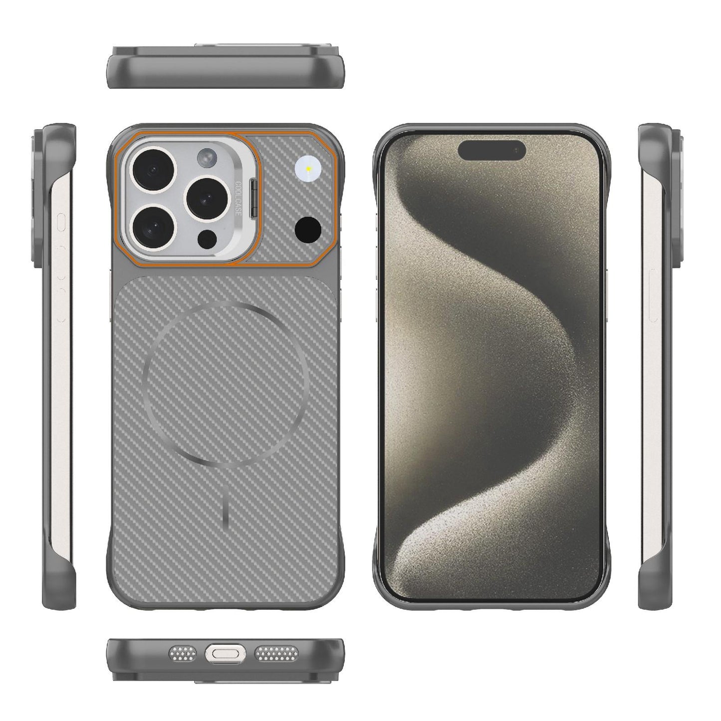 For iPhone 15 Pro Max Frameless Half-Wrapped Carbon Fiber Texture PC Magnetic Phone Case(Gray)
