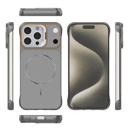 For iPhone 15 Pro Max Frameless Half-Wrapped Carbon Fiber Texture PC Magnetic Phone Case(Gray)