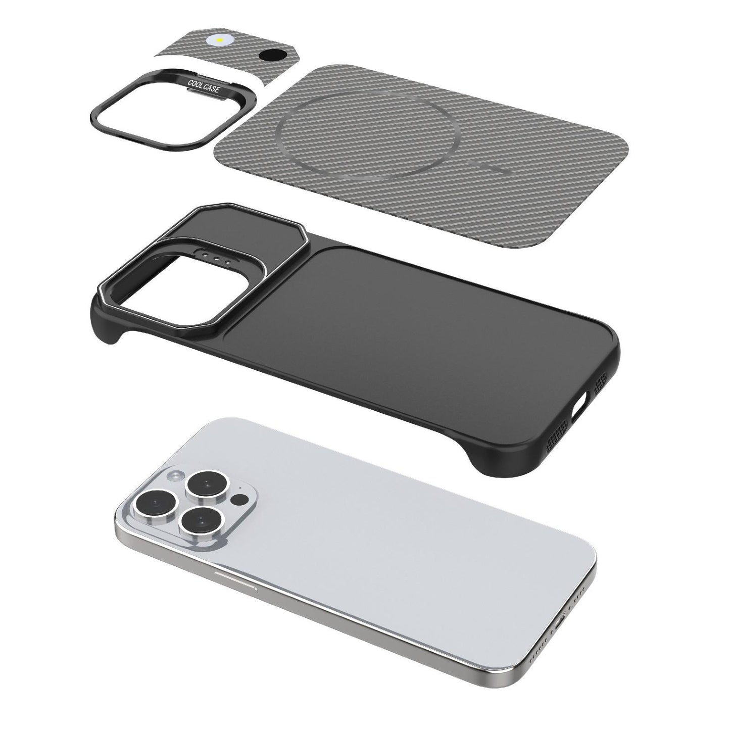 For iPhone 15 Pro Max Frameless Half-Wrapped Carbon Fiber Texture PC Magnetic Phone Case(Gray)