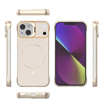 For iPhone 15 Frameless Half-Wrapped Carbon Fiber Texture PC Magnetic Phone Case(Rose Gold)