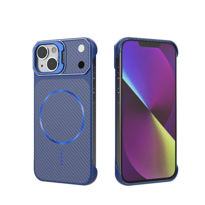 For iPhone 15 Frameless Half-Wrapped Carbon Fiber Texture PC Magnetic Phone Case(Blue)