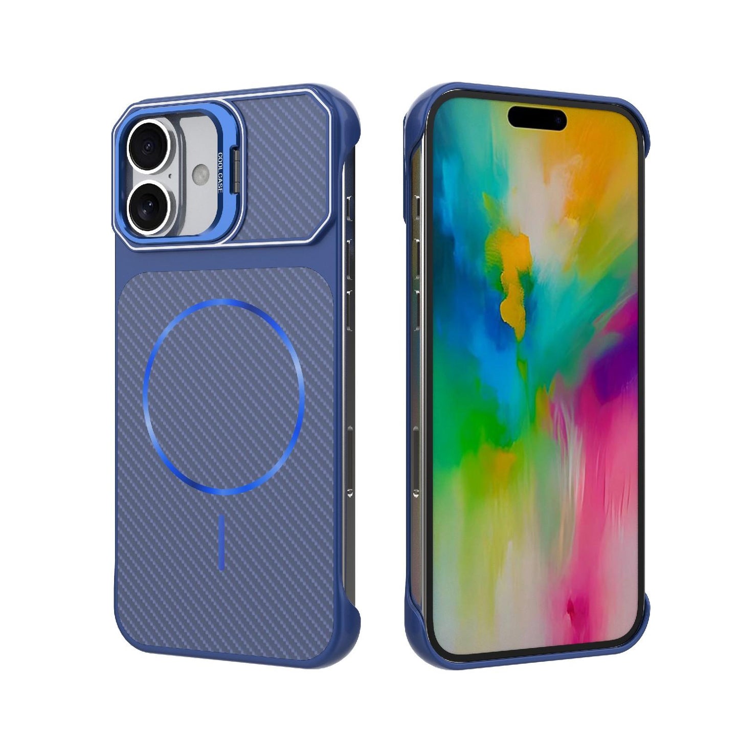For iPhone 16 Plus Frameless Half-Wrapped Carbon Fiber Texture PC Magnetic Phone Case(Blue)