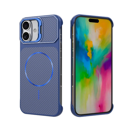 For iPhone 16 Plus Frameless Half-Wrapped Carbon Fiber Texture PC Magnetic Phone Case(Blue)