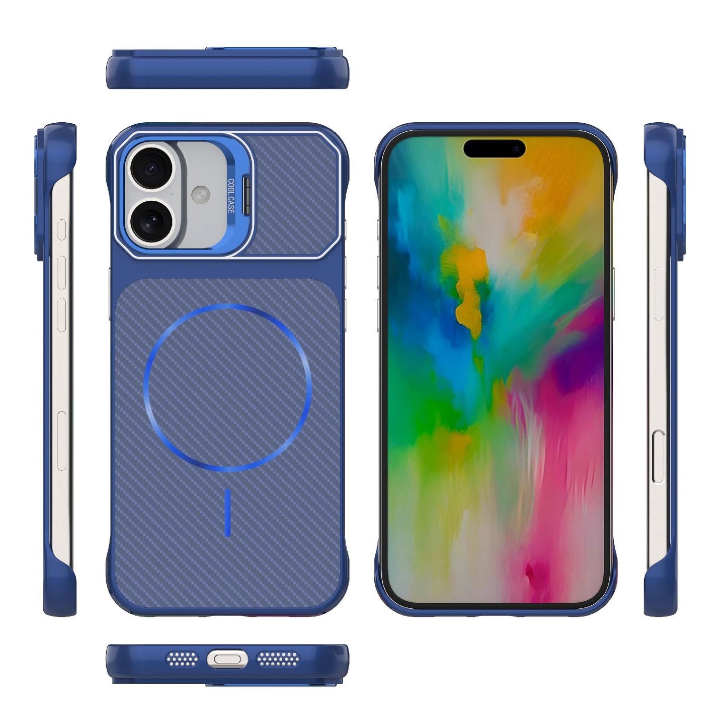 For iPhone 16 Plus Frameless Half-Wrapped Carbon Fiber Texture PC Magnetic Phone Case(Blue)