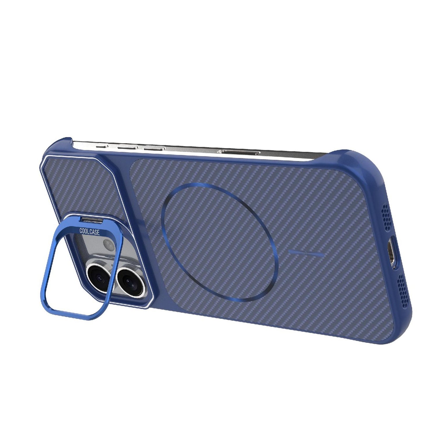 For iPhone 16 Plus Frameless Half-Wrapped Carbon Fiber Texture PC Magnetic Phone Case(Blue)