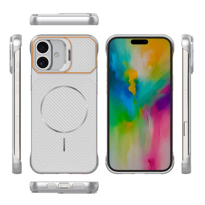 For iPhone 16 Plus Frameless Half-Wrapped Carbon Fiber Texture PC Magnetic Phone Case(Silver)