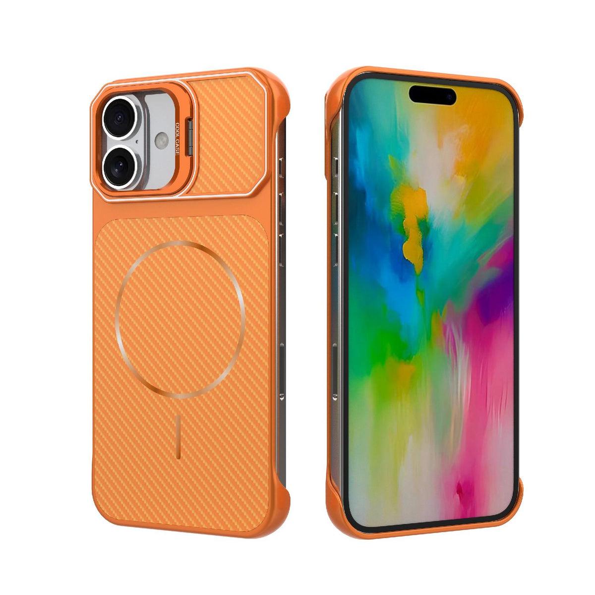 For iPhone 16 Plus Frameless Half-Wrapped Carbon Fiber Texture PC Magnetic Phone Case - Orange - EDA009991013E
