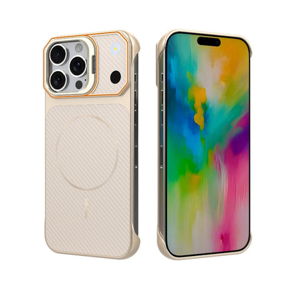 For iPhone 16 Pro Max Frameless Half-Wrapped Carbon Fiber Texture PC Magnetic Phone Case(Rose Gold)