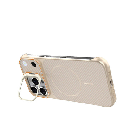 For iPhone 16 Pro Max Frameless Half-Wrapped Carbon Fiber Texture PC Magnetic Phone Case(Rose Gold)