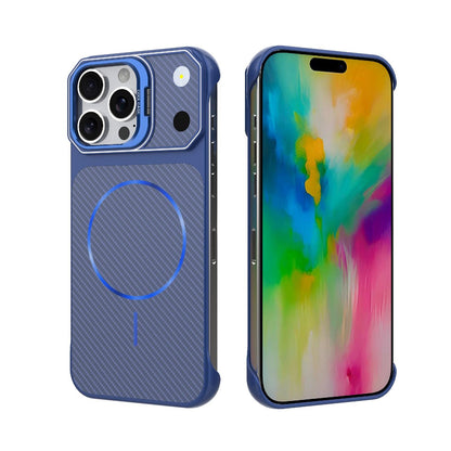 For iPhone 16 Pro Max Frameless Half-Wrapped Carbon Fiber Texture PC Magnetic Phone Case(Blue)