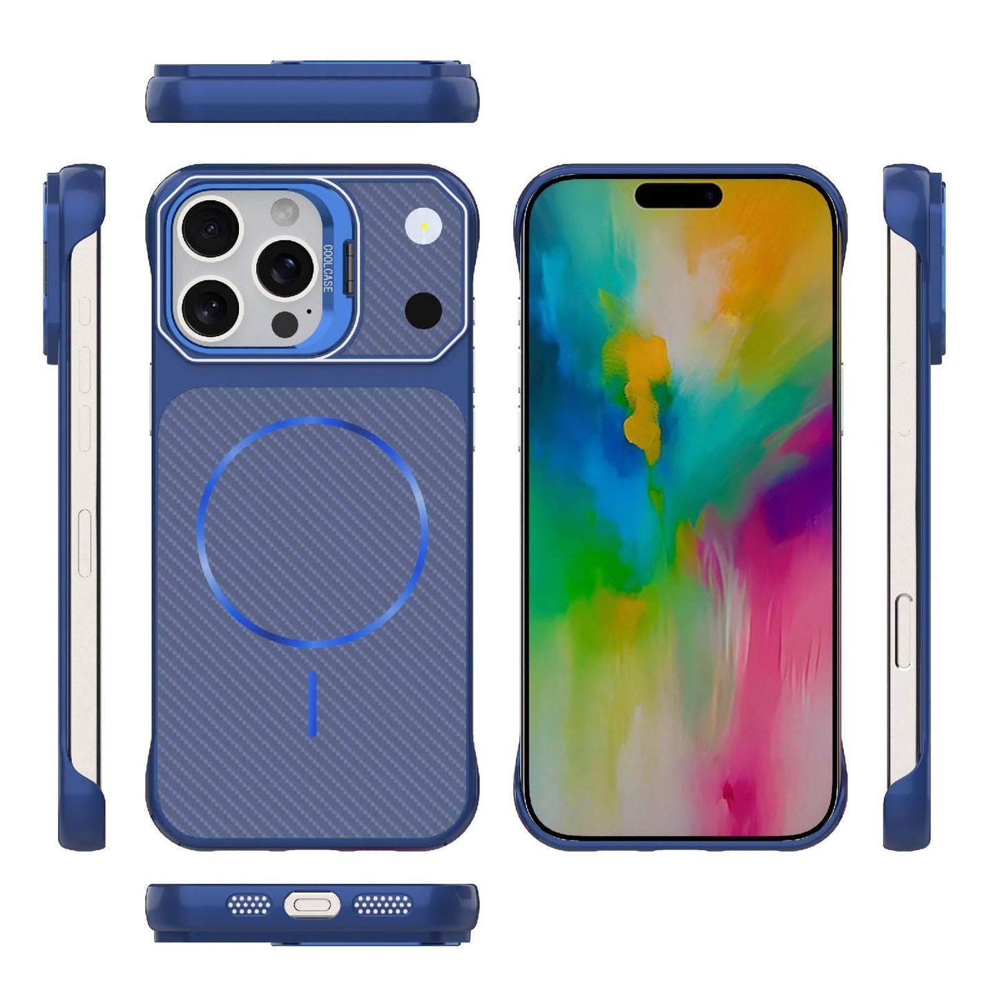 For iPhone 16 Pro Max Frameless Half-Wrapped Carbon Fiber Texture PC Magnetic Phone Case(Blue)