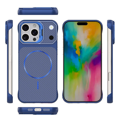 For iPhone 16 Pro Max Frameless Half-Wrapped Carbon Fiber Texture PC Magnetic Phone Case(Blue)