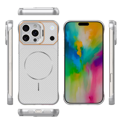 For iPhone 16 Pro Max Frameless Half-Wrapped Carbon Fiber Texture PC Magnetic Phone Case(Silver)