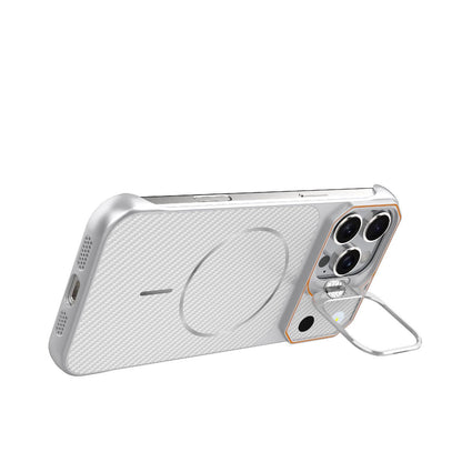 For iPhone 16 Pro Max Frameless Half-Wrapped Carbon Fiber Texture PC Magnetic Phone Case(Silver)