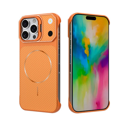 For iPhone 16 Pro Max Frameless Half-Wrapped Carbon Fiber Texture PC Magnetic Phone Case(Orange)