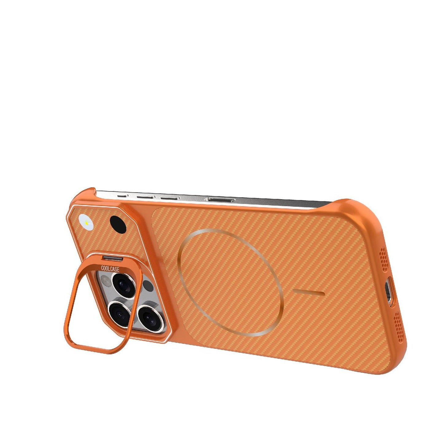 For iPhone 16 Pro Max Frameless Half-Wrapped Carbon Fiber Texture PC Magnetic Phone Case(Orange)