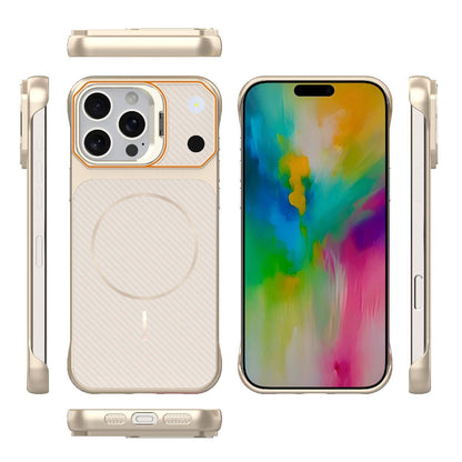 For iPhone 16 Pro Frameless Half-Wrapped Carbon Fiber Texture PC Magnetic Phone Case(Rose Gold)