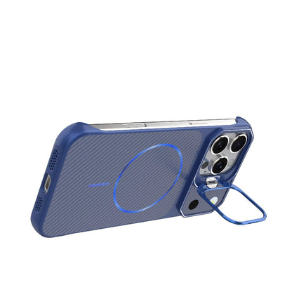 For iPhone 16 Pro Frameless Half-Wrapped Carbon Fiber Texture PC Magnetic Phone Case(Blue)
