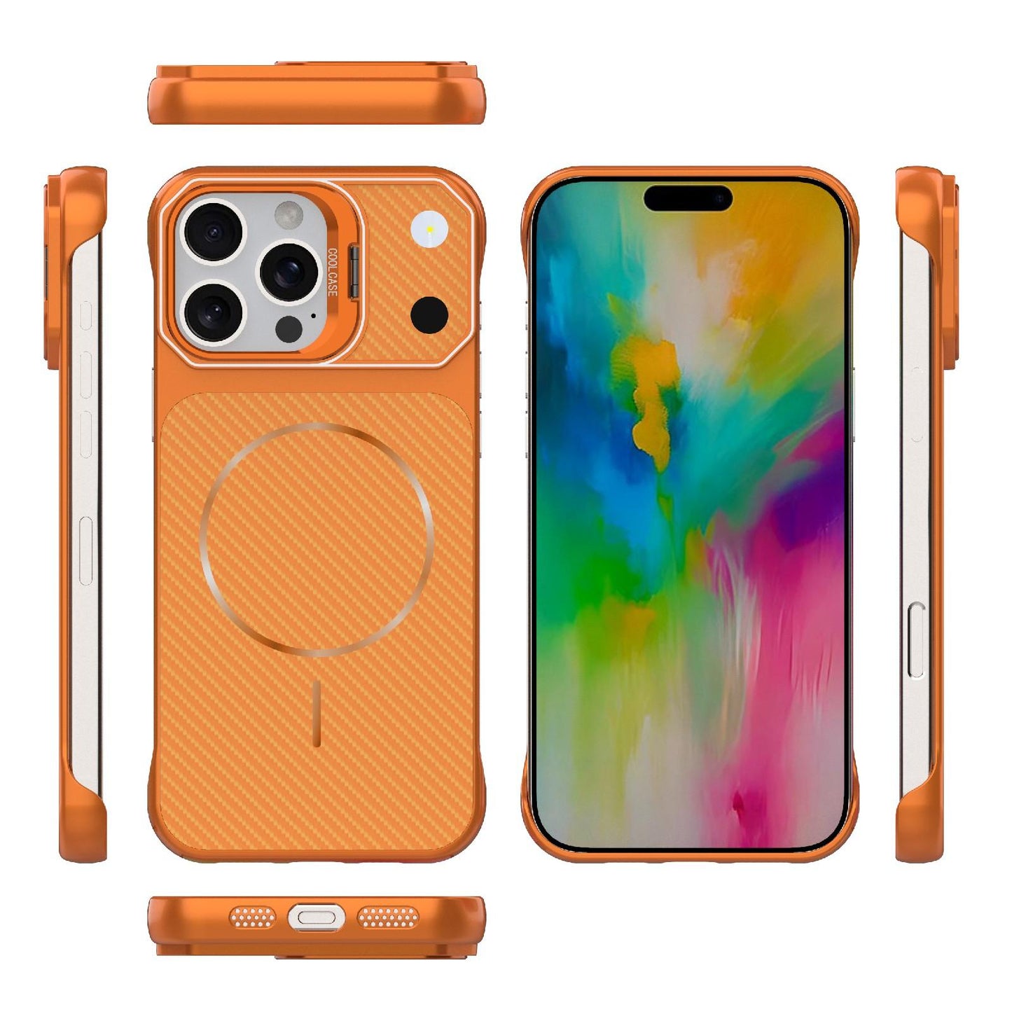 For iPhone 16 Pro Frameless Half-Wrapped Carbon Fiber Texture PC Magnetic Phone Case(Orange)