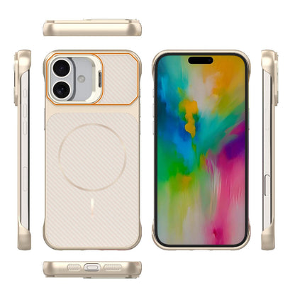 For iPhone 16 Frameless Half-Wrapped Carbon Fiber Texture PC Magnetic Phone Case(Rose Gold)