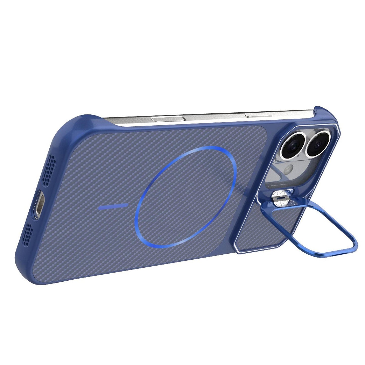 For iPhone 16 Frameless Half-Wrapped Carbon Fiber Texture PC Magnetic Phone Case(Blue)