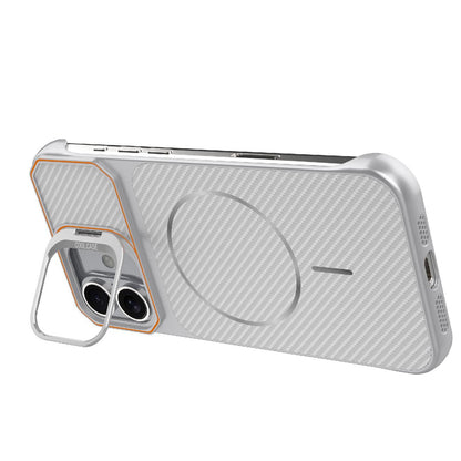 For iPhone 16 Frameless Half-Wrapped Carbon Fiber Texture PC Magnetic Phone Case(Silver)