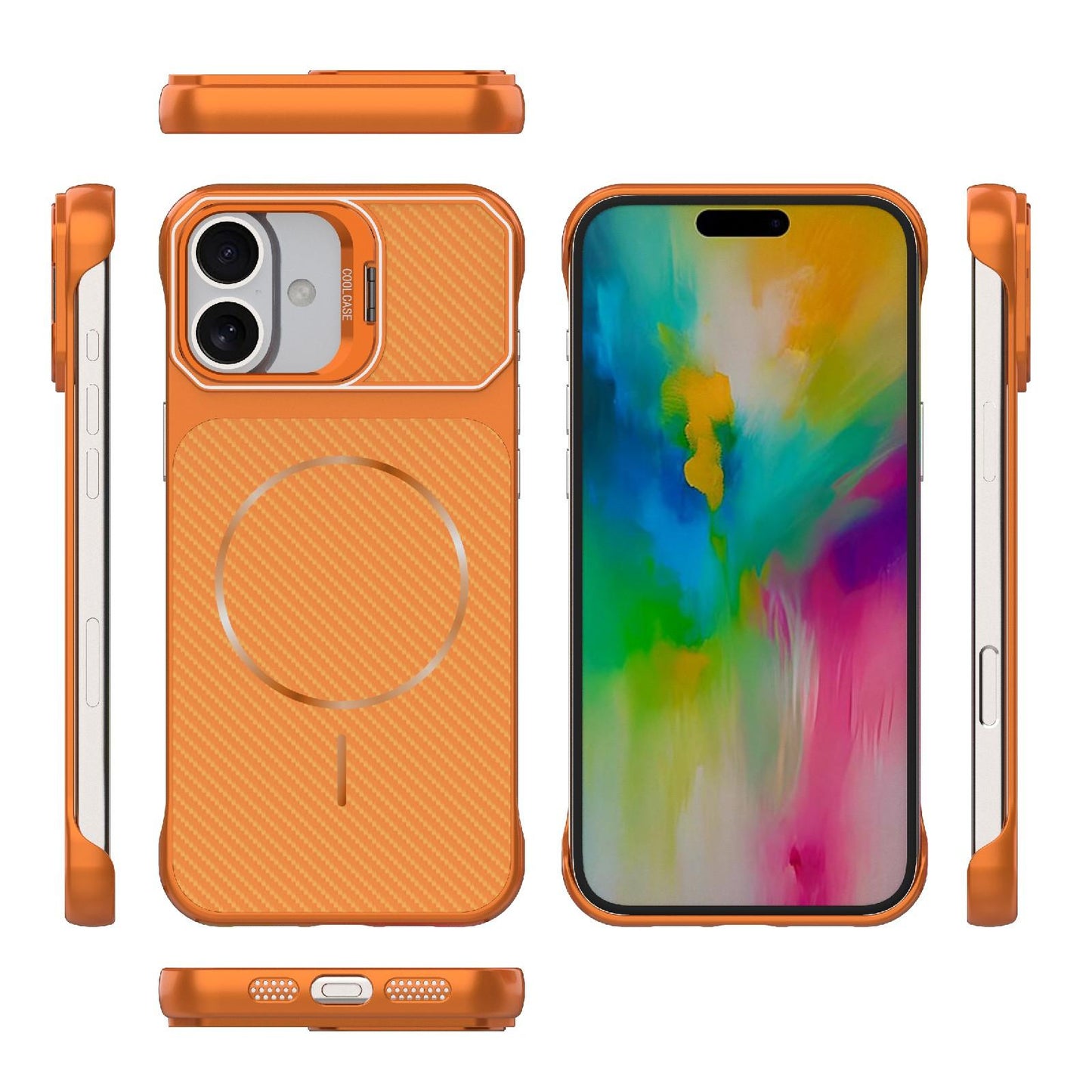 For iPhone 16 Frameless Half-Wrapped Carbon Fiber Texture PC Magnetic Phone Case(Orange)