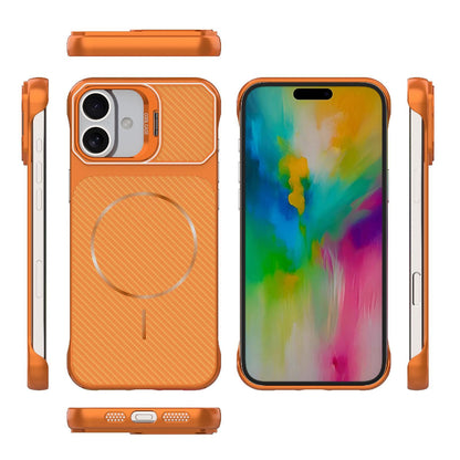 For iPhone 16 Frameless Half-Wrapped Carbon Fiber Texture PC Magnetic Phone Case(Orange)
