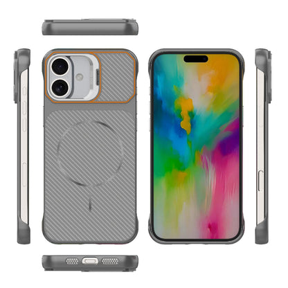 For iPhone 16 Frameless Half-Wrapped Carbon Fiber Texture PC Magnetic Phone Case(Gray)