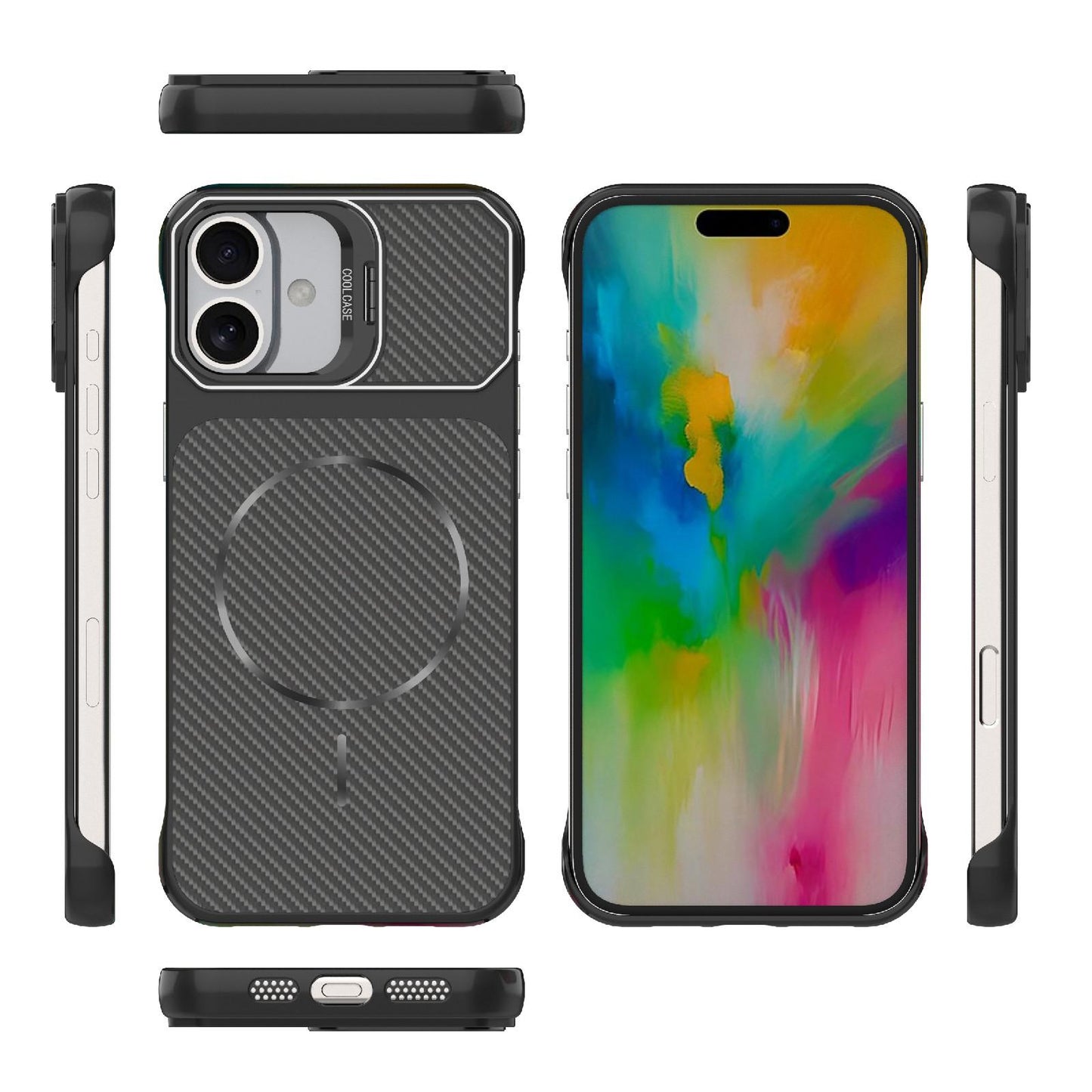 For iPhone 17 Frameless Half-Wrapped Carbon Fiber Texture PC Magnetic Phone Case(Black)