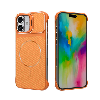 For iPhone 17 Frameless Half-Wrapped Carbon Fiber Texture PC Magnetic Phone Case(Orange)