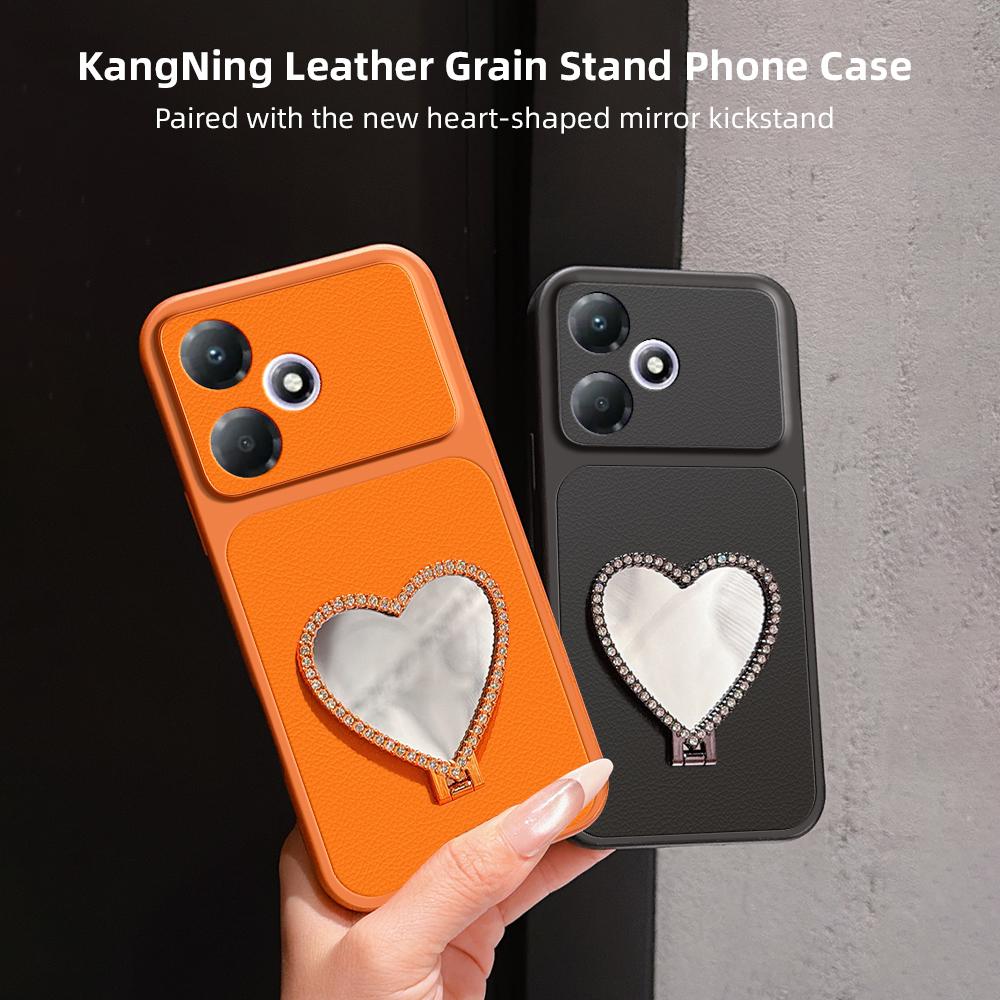 For Infinix Hot 30 Play Lambskin Series Skin Feel Shockproof Phone Case with Heart Mirror Holder - Orange - EDA009991403E