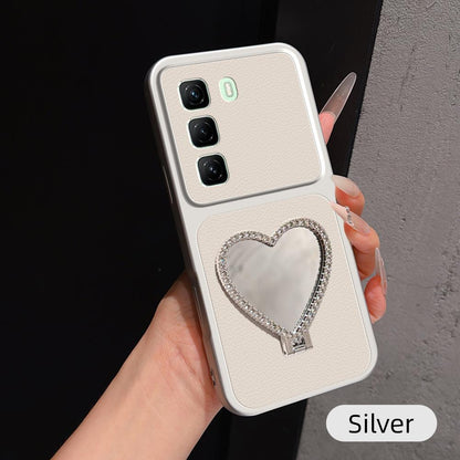 For Infinix Hot 50 5G Lambskin Series Skin Feel Shockproof Phone Case with Heart Mirror Holder - Silver - EDA009991406D