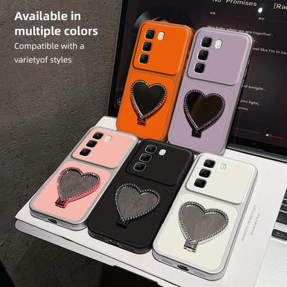 For Infinix Hot 50 5G Lambskin Series Skin Feel Shockproof Phone Case with Heart Mirror Holder - Orange - EDA009991406E