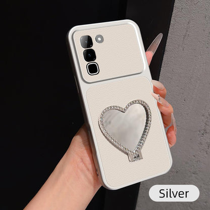 For Infinix Hot 70 5G Lambskin Series Skin Feel Shockproof Phone Case with Heart Mirror Holder - Silver - EDA009991413D