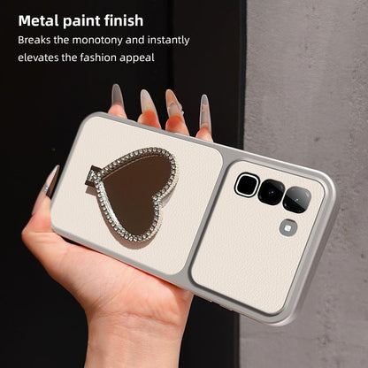 For Infinix Hot 70 5G Lambskin Series Skin Feel Shockproof Phone Case with Heart Mirror Holder - Silver - EDA009991413D