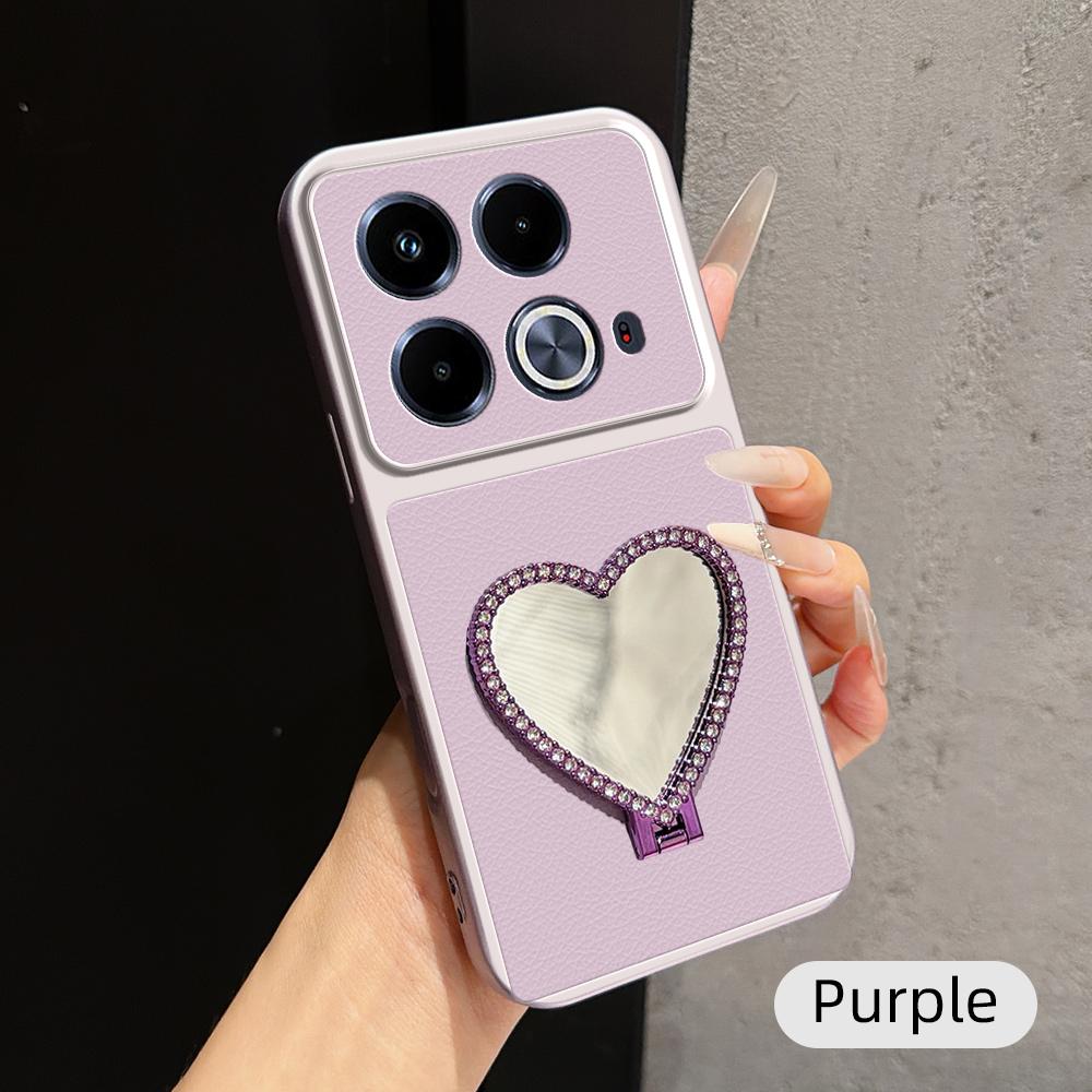 For Infinix Note 40 Lambskin Series Skin Feel Shockproof Phone Case with Heart Mirror Holder - Purple - EDA009991415B