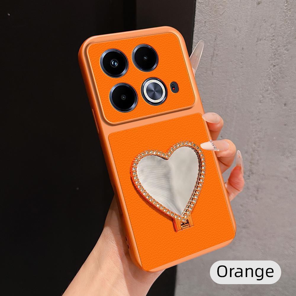 For Infinix Note 40 Lambskin Series Skin Feel Shockproof Phone Case with Heart Mirror Holder - Orange - EDA009991415E