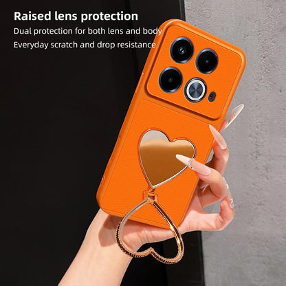 For Infinix Note 40 Lambskin Series Skin Feel Shockproof Phone Case with Heart Mirror Holder - Orange - EDA009991415E