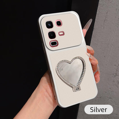 For Infinix Note 50s Lambskin Series Skin Feel Shockproof Phone Case with Heart Mirror Holder - Silver - EDA009991419D