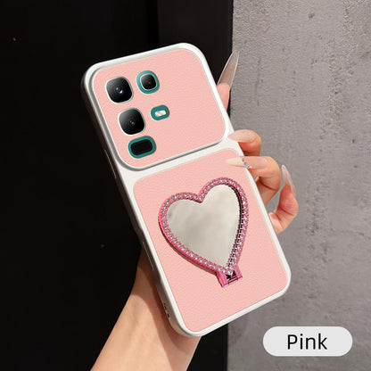 For Infinix Note 50x Lambskin Series Skin Feel Shockproof Phone Case with Heart Mirror Holder - Pink - EDA009991420A