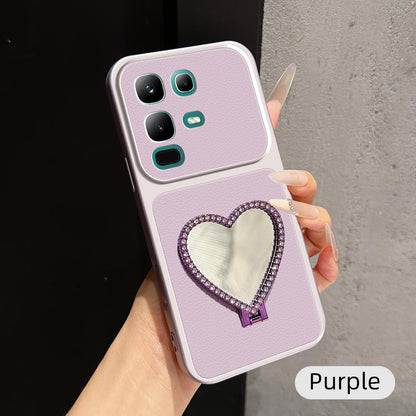 For Infinix Note 50x Lambskin Series Skin Feel Shockproof Phone Case with Heart Mirror Holder - Purple - EDA009991420B