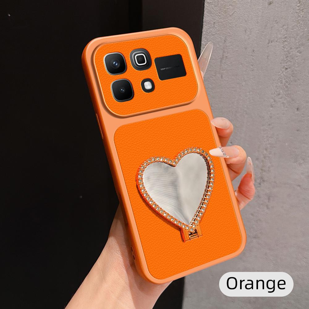 For Infinix Note 60 5G Lambskin Series Skin Feel Shockproof Phone Case with Heart Mirror Holder - Orange - EDA009991421E